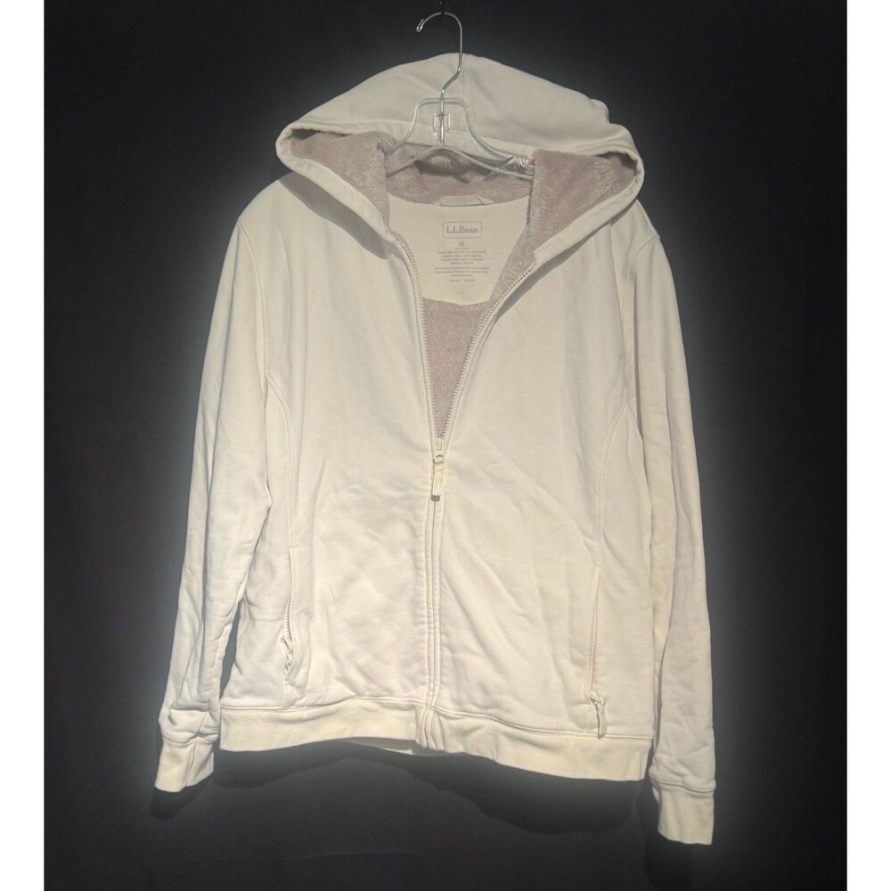 LL Bean Women’s XL Faux Fur Lined Full Zip Hoodie Off White Pockets Retro Y2K
